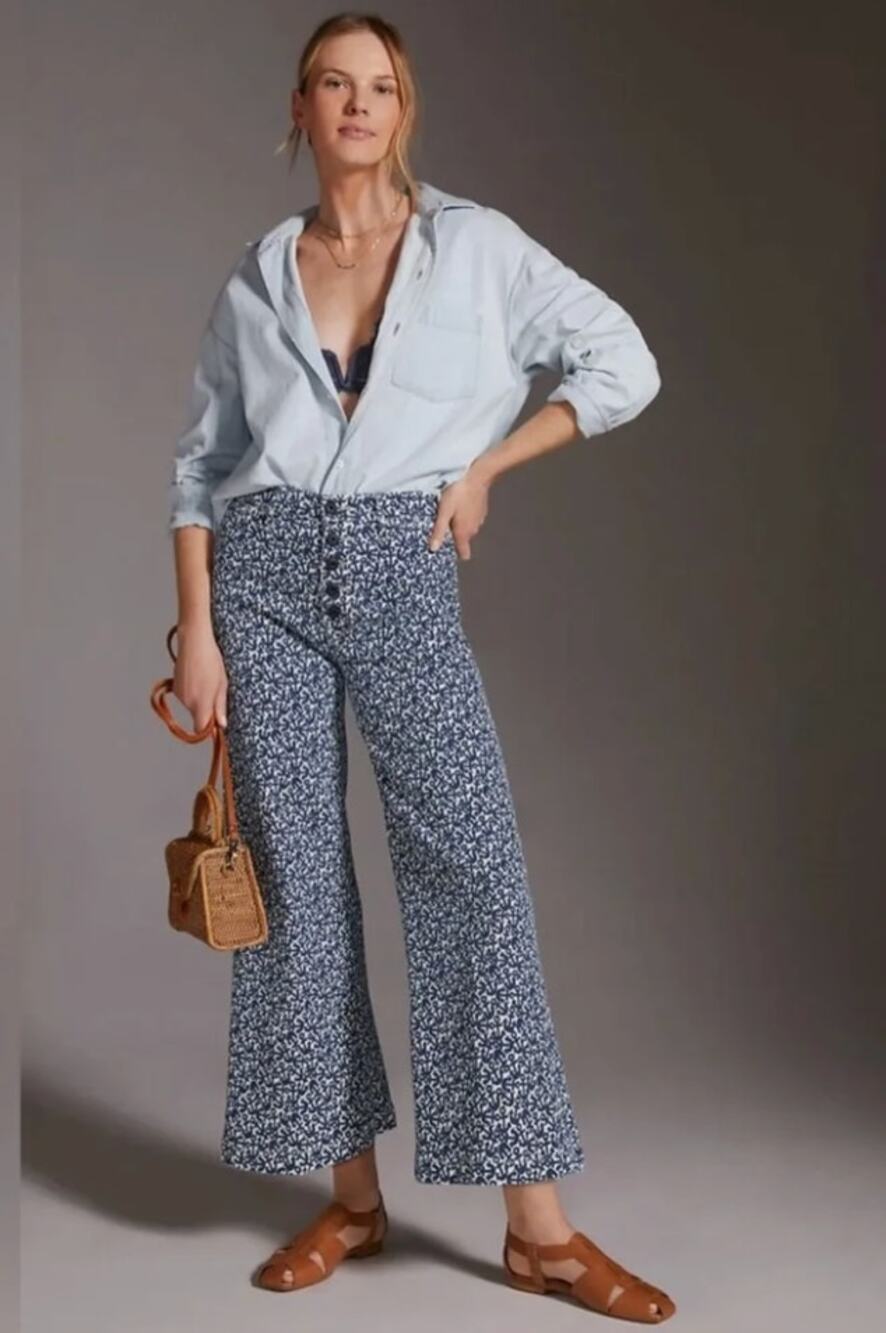 Mother Jeans 26 The Pixie Sailor Ankle Found At Sea Wide Leg Blue Nautical Fun